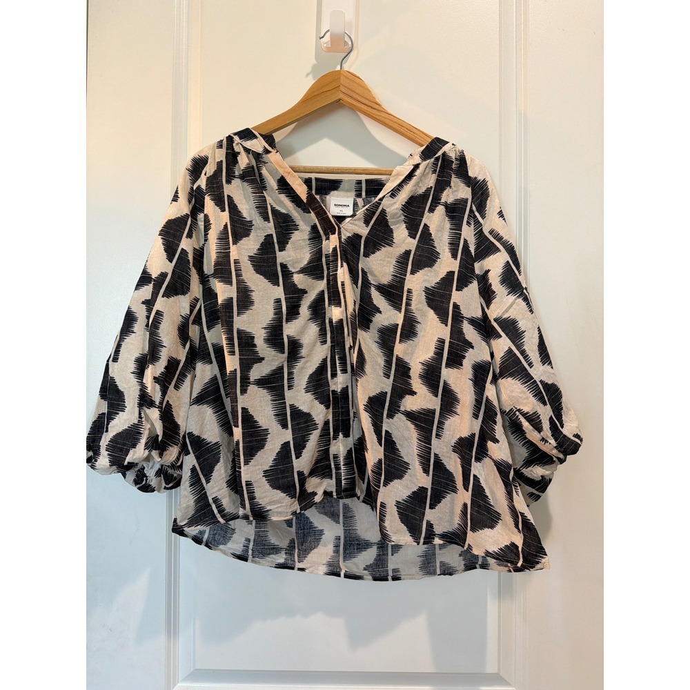 Sonoma Goods For Life Navy White Geometric Ikat Balloon Sleeve Blouse XL